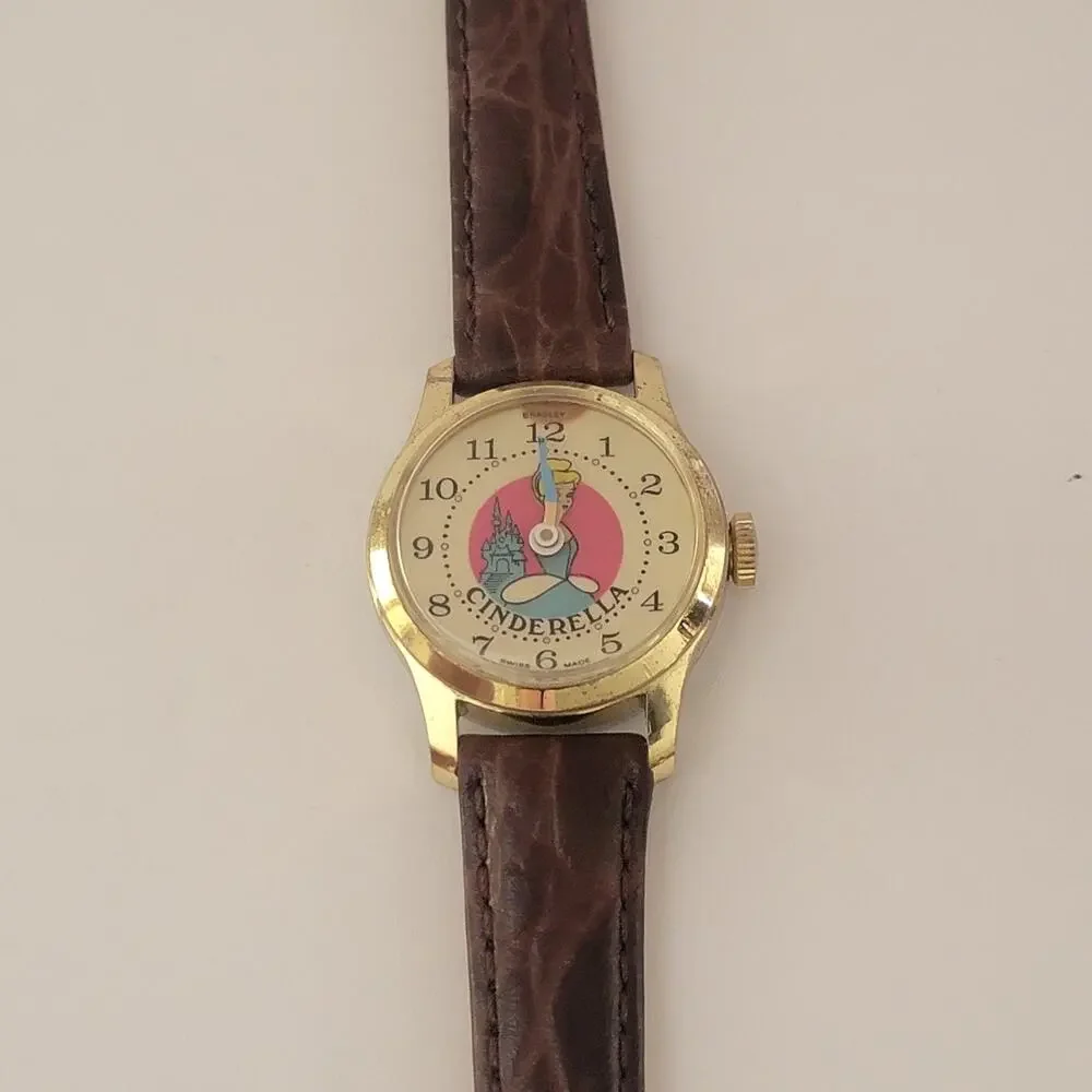 Bradley Cinderella Girls Watch Gold Case Cream Dial Brown Leather Vintage Swiss
